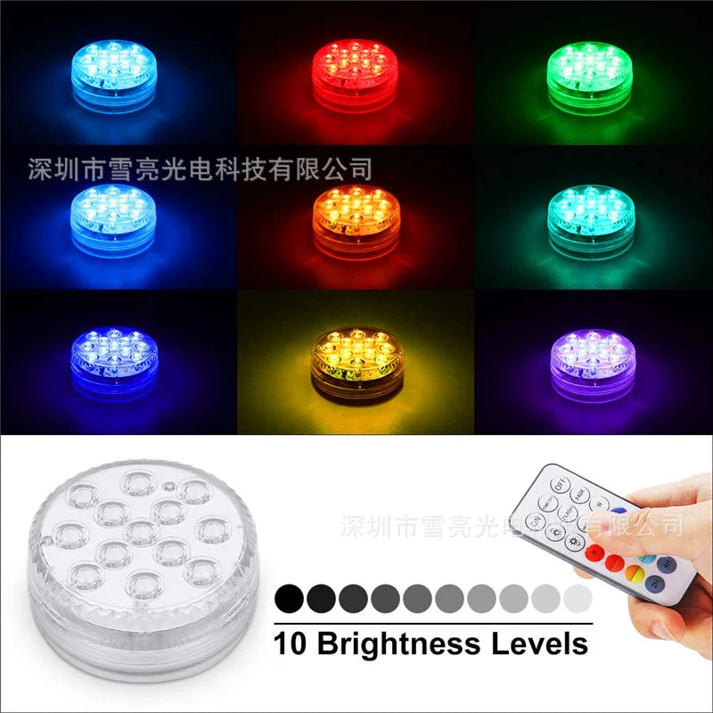 A set of submersible LED pool lights demonstrating 10 brightness levels and various colors, shown alongside a remote control.