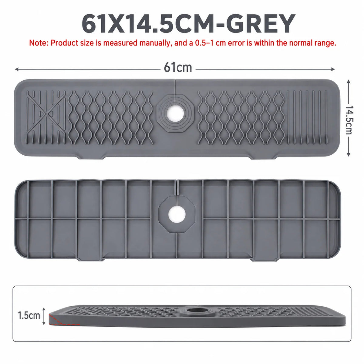 Grey silicone faucet mat with a sloped design and cuttable sink splash guard