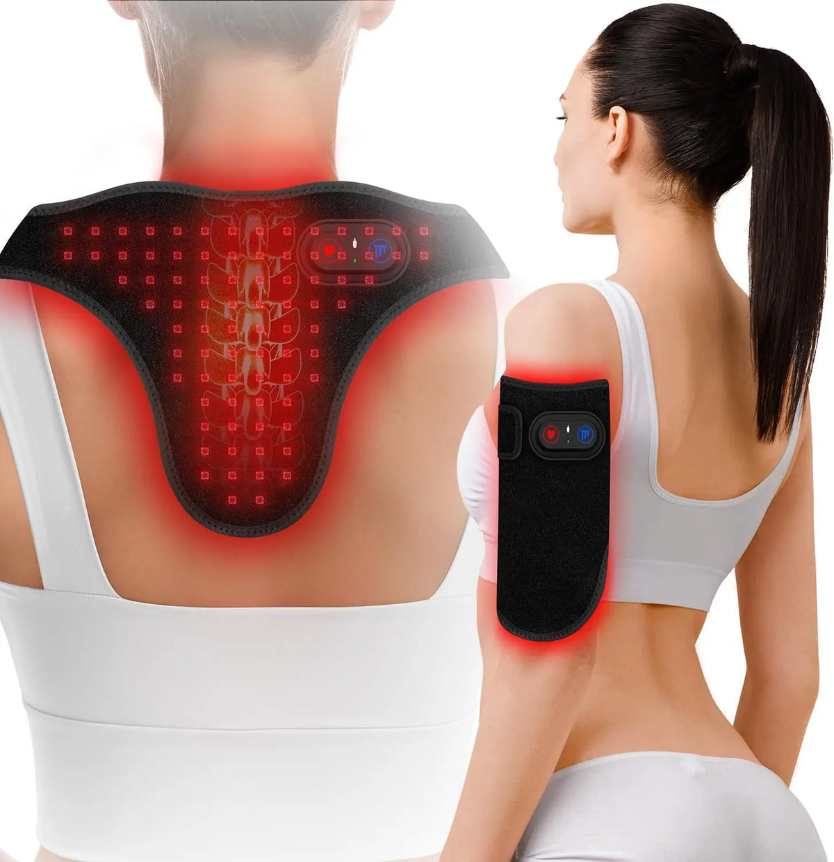 A woman is shown wearing a black red light therapy belt on her back, targeting the neck and shoulder area.