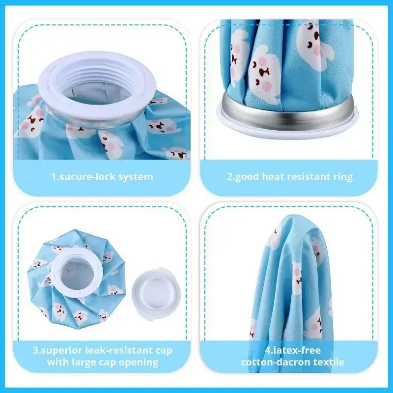 Reusable multi-use ice and heat therapy pack featuring a blue fabric with a silver ring and a white cap.