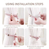 Installation steps showing how to thread pearl and rope curtain tie-backs through the curtains.