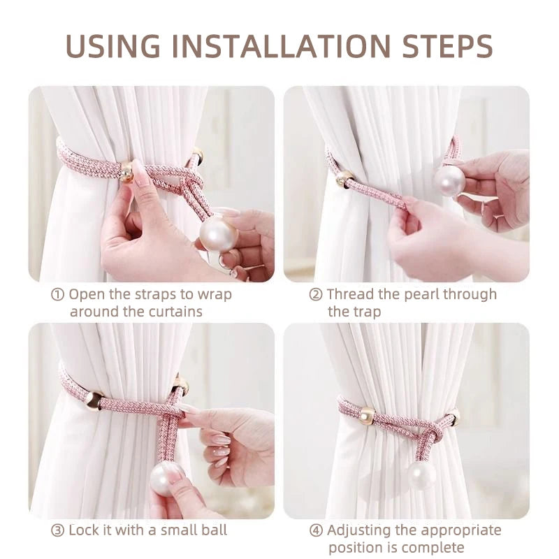 Installation steps showing how to thread pearl and rope curtain tie-backs through the curtains.