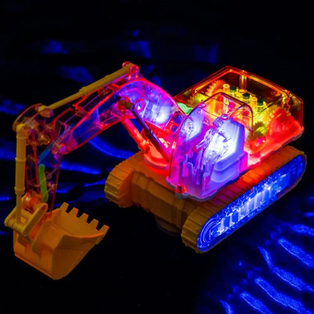 A transparent gear excavator toy with LED lights is shown against a dark background.