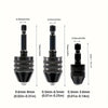 A set of quick-change hex shank drill chucks in black with round handles, showing various sizes.
