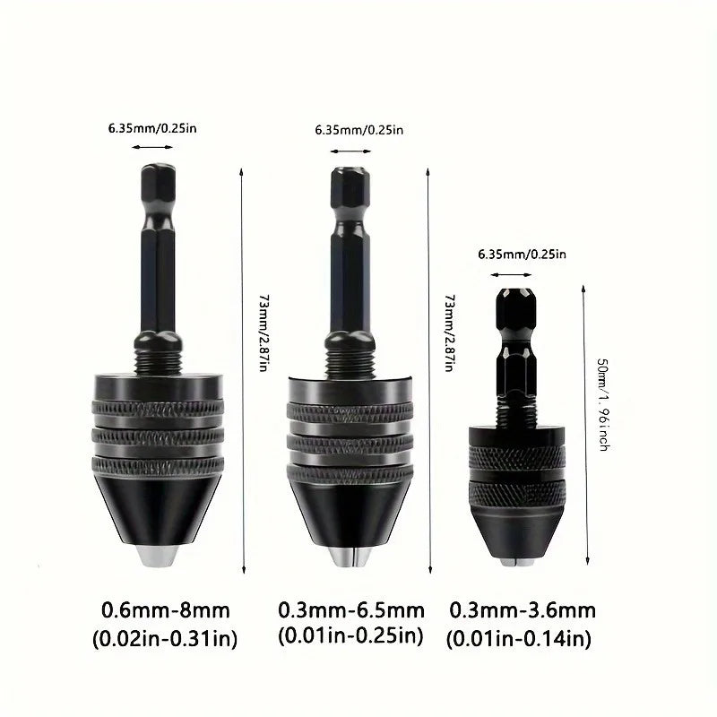 A set of quick-change hex shank drill chucks in black with round handles, showing various sizes.