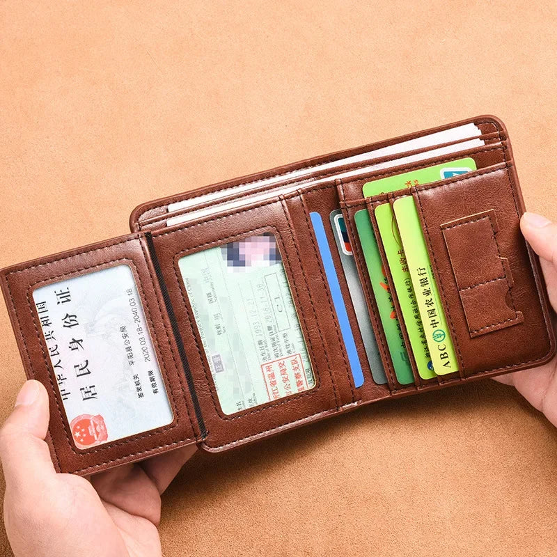 A brown slim PU leather card holder wallet for men displaying various cards and identification documents.