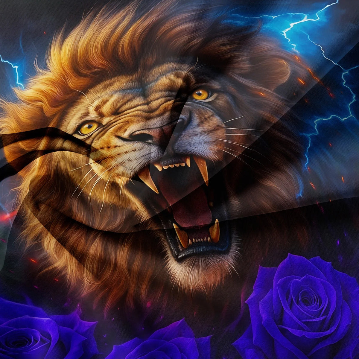 A fierce lion's face with glowing eyes and a roaring expression overlaid with blue lightning and purple roses.