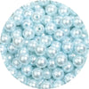 A close-up view of small, round, light blue imitation pearl beads for jewelry making.