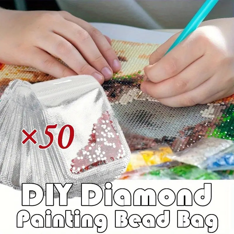 A hand is shown placing a diamond painting bead bag into a transparent storage bag for DIY diamond painting.