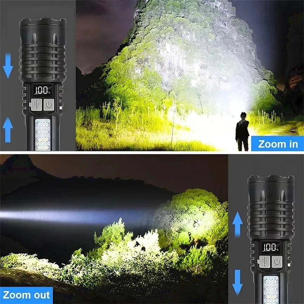 A high-power LED rechargeable flashlight demonstrates zoom in and zoom out capabilities, illuminating nature scenes.
