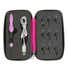 A black storage case holds a set of nine interchangeable LED crochet hooks with various tips and a charging cable.