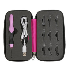 A black storage case holds a set of nine interchangeable LED crochet hooks with various tips and a charging cable.