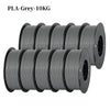 A bundle of ten grey PLA filaments, each 10KG, packaged in spools for 3D printing.