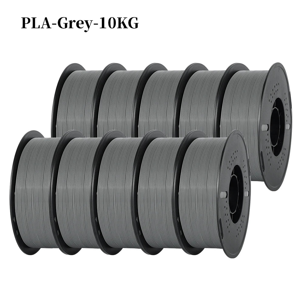A bundle of ten grey PLA filaments, each 10KG, packaged in spools for 3D printing.
