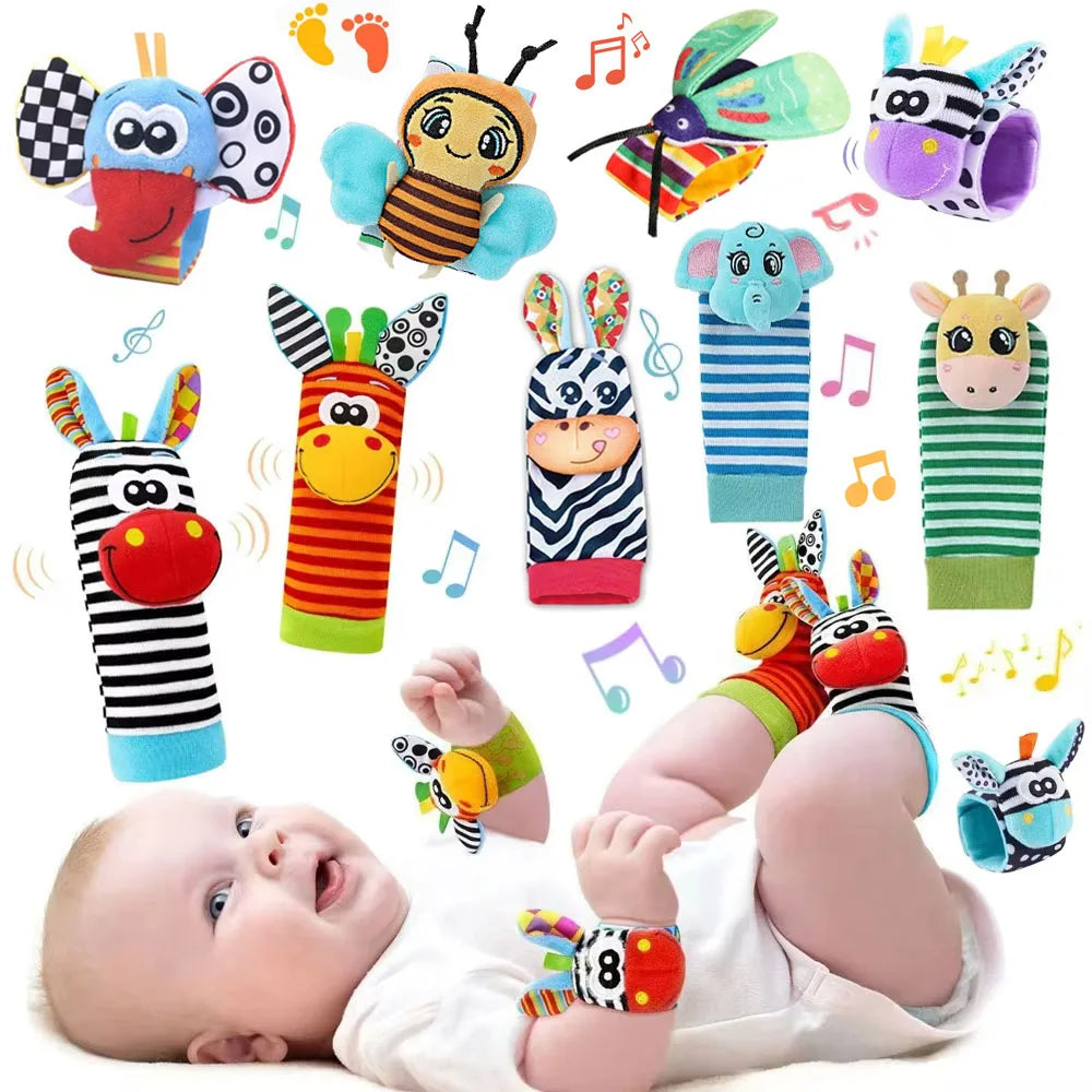 Baby Wrist Rattles and Animal Socks Set for Sensory Development