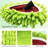 A green superfine fiber mop head with a white rim and a red base is shown alongside close-ups of the fiber texture.
