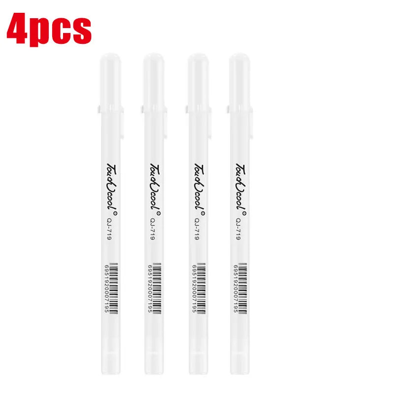A set of four white ink gel pens for drawing and highlighting, featuring a fine 0.8mm tip.