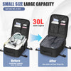 Before and after comparison showing a small bag's capacity increase from insufficient to large size for travel items