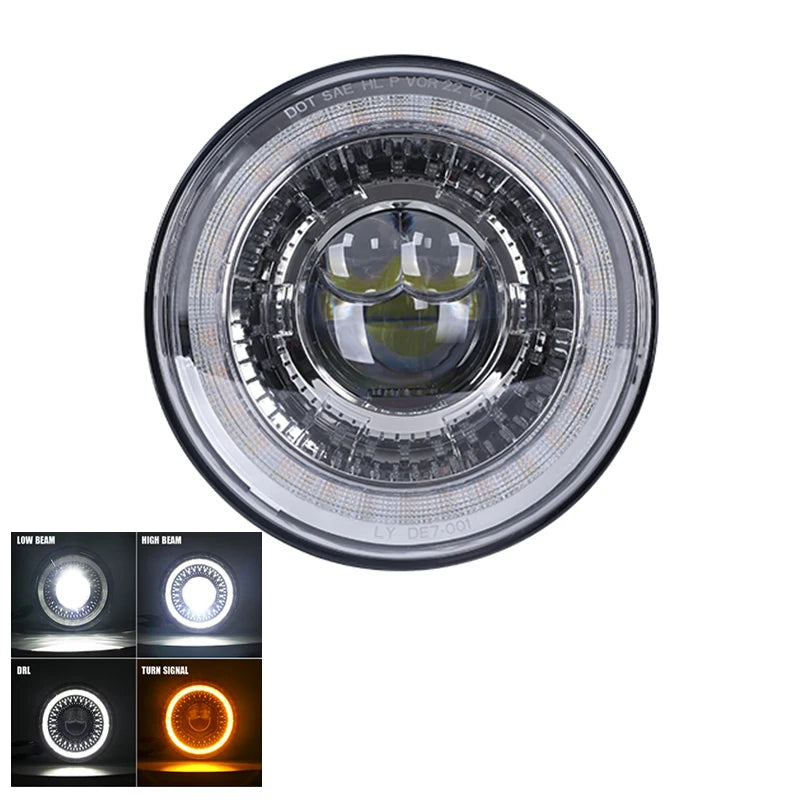 A close-up view of a 7-inch round LED headlight with a DRL halo and an amber turn signal.