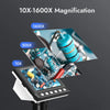 A digital microscope setup showing various magnification levels, including 10X to 1600X, mounted on a stand.