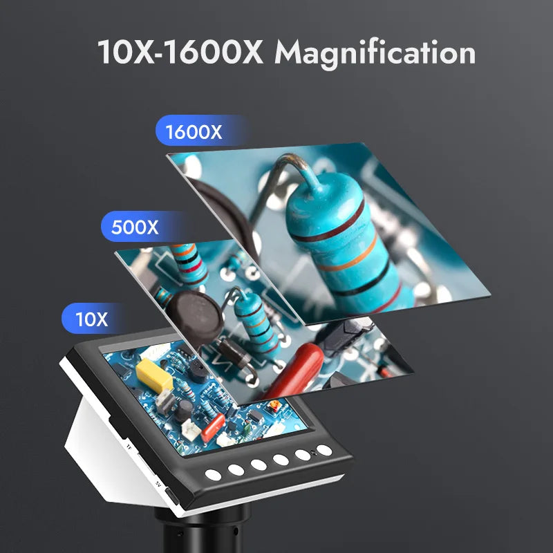 A digital microscope setup showing various magnification levels, including 10X to 1600X, mounted on a stand.
