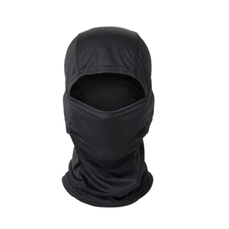 Black stretchy breathable balaclava cap worn on a head