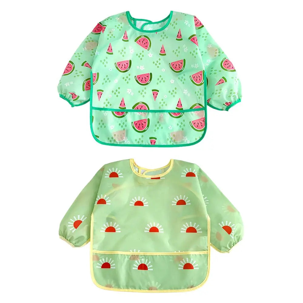 Light green waterproof long-sleeve baby bibs with a pattern of watermelon slices