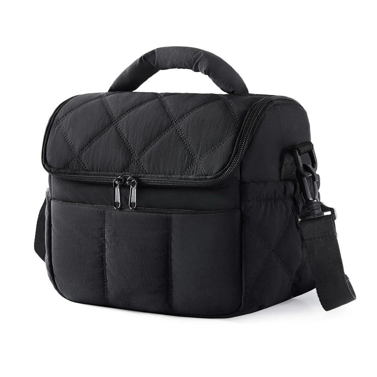 Black quilted insulated leakproof nylon lunch bag with a carrying handle