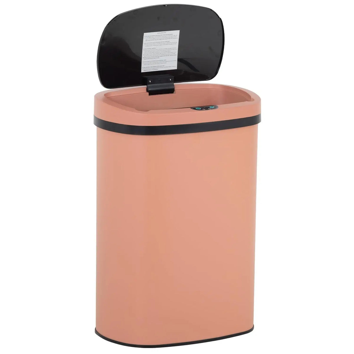A modern, rose gold automatic touchless trash can with a black lid.
