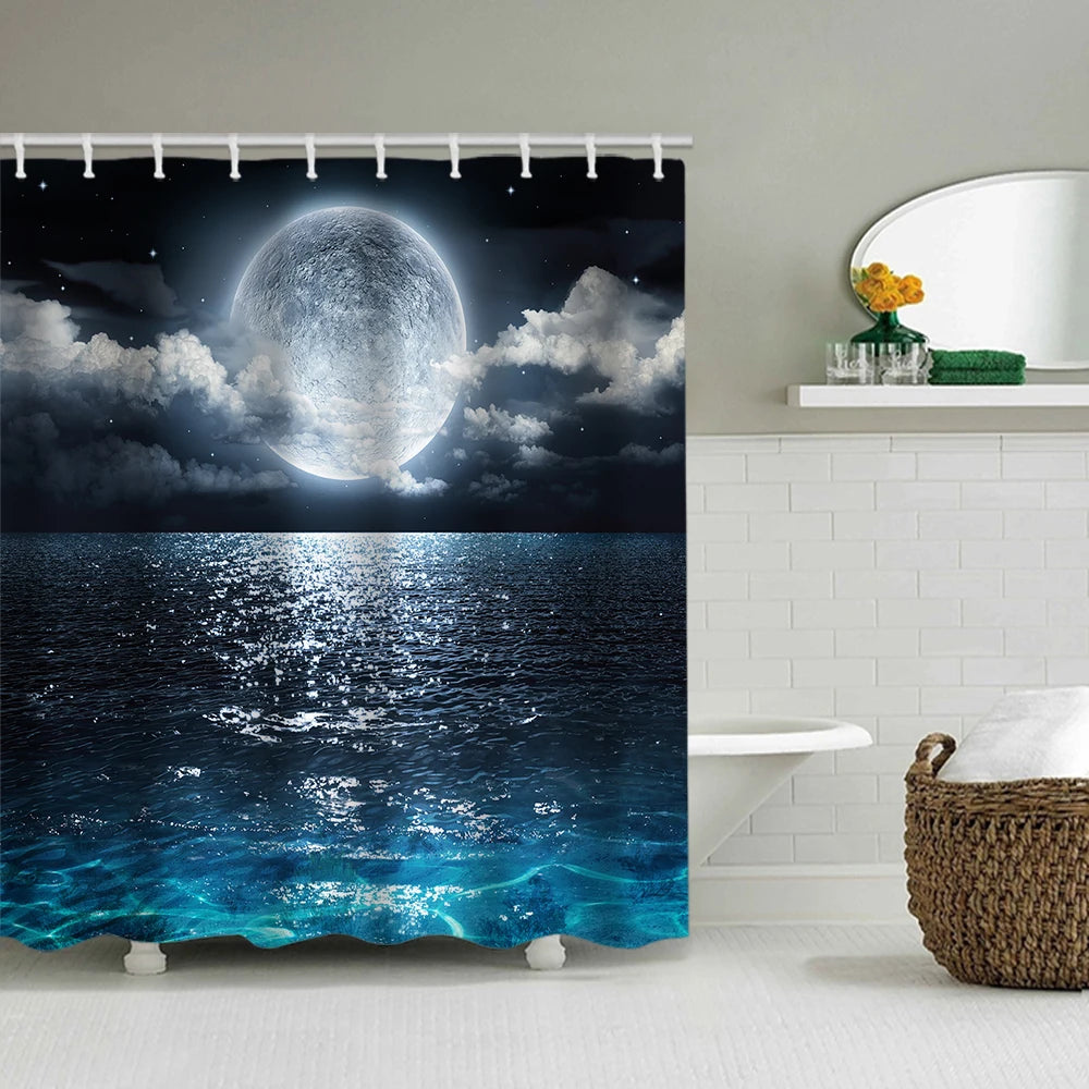 A shower curtain featuring a dark night sky with a glowing blue planet above a deep ocean wave scene.