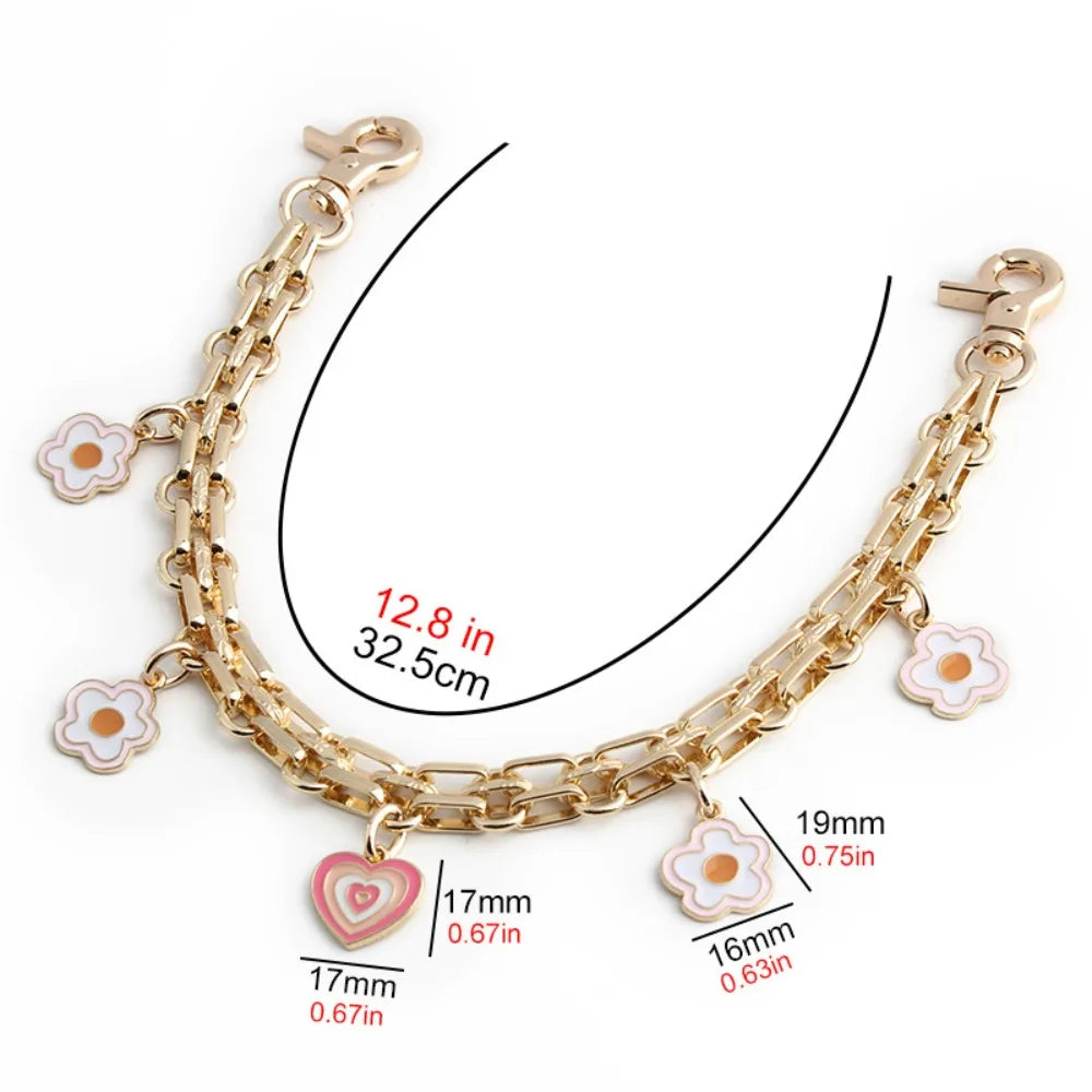 Gold-tone metal chain strap with flower charms for handbags and purses