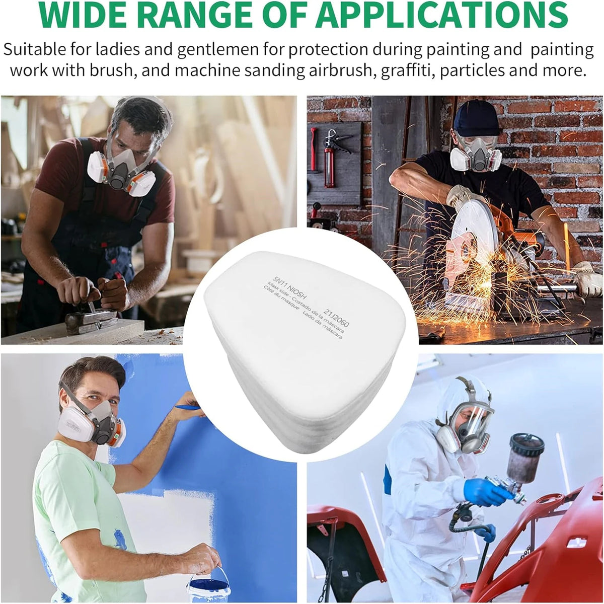 Replacement dust filter pads for respirators shown in various contexts including painting, sanding, and graffiti work.