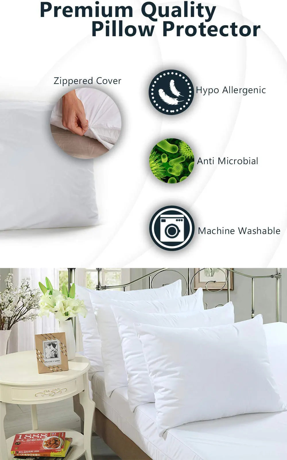 Premium quality zippered pillow protector features hypoallergenic, antimicrobial, and machine washable protection for pillows