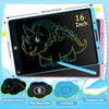 A digital LCD writing tablet showing a green dinosaur drawing on a black screen with options for erase and lock keys.