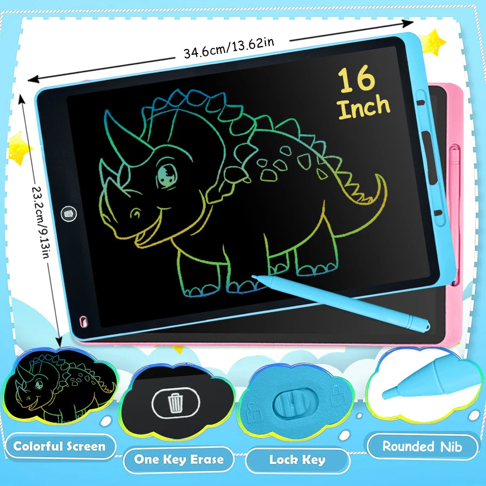 A digital LCD writing tablet showing a green dinosaur drawing on a black screen with options for erase and lock keys.