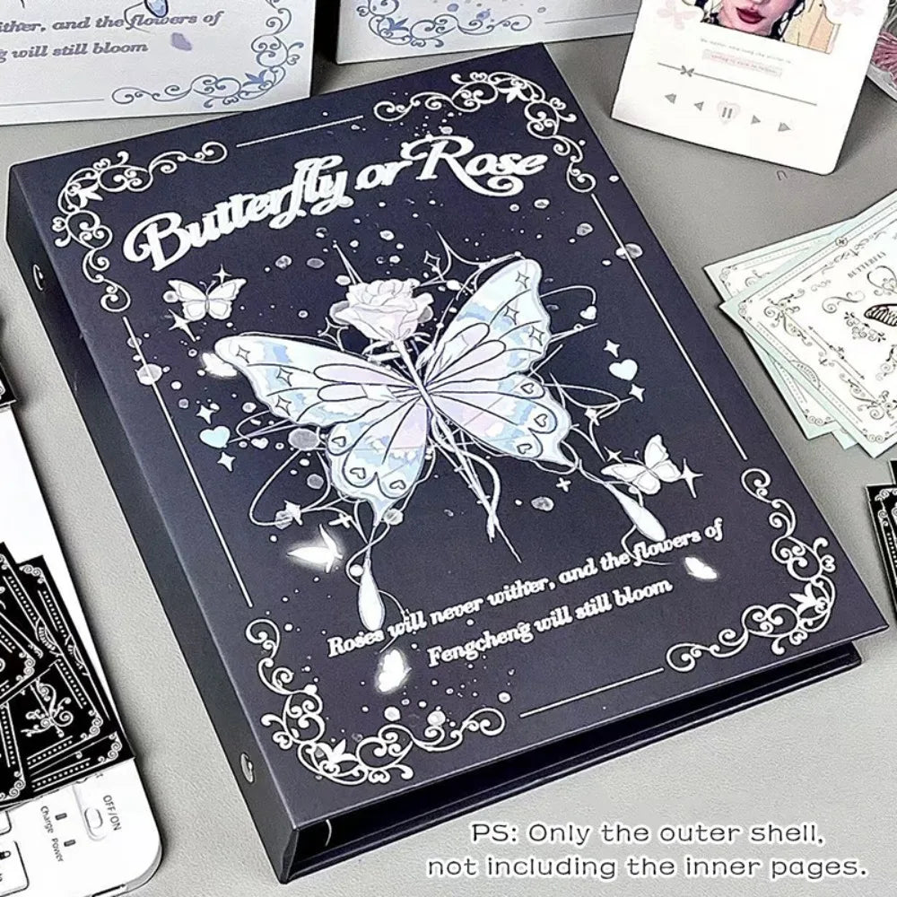 A dark gray photo album featuring a butterfly design with floral elements, intended for K-Pop cards and memories.