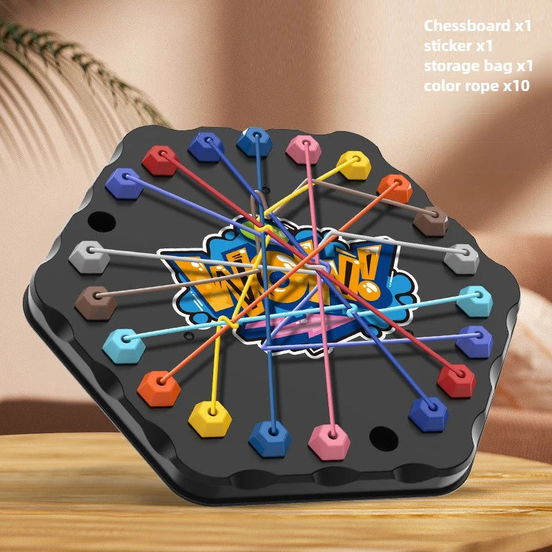 A black puzzle board with colored rope pieces and stickers, used for a brain teaser game.
