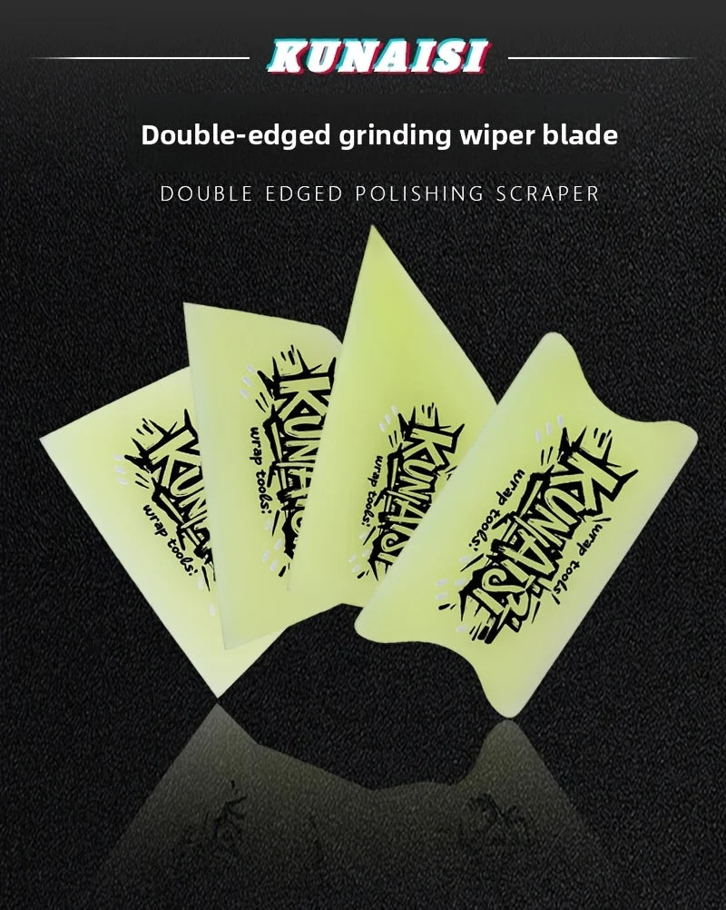 A set of yellow TPU car wrap film squeegees or double-edged grinding wiper blades are displayed on a dark surface.