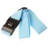 A light blue adjustable luggage strap with a black buckle and combination lock.