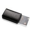 A black slim leather card holder with multiple cards visible inside.
