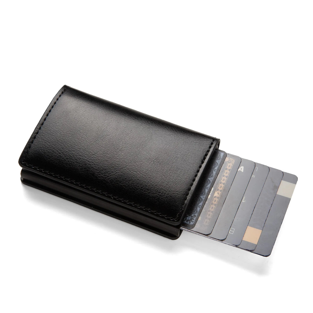 A black slim leather card holder with multiple cards visible inside.