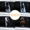A set of two customized horse decals applied to the B-pillar of a white car window.