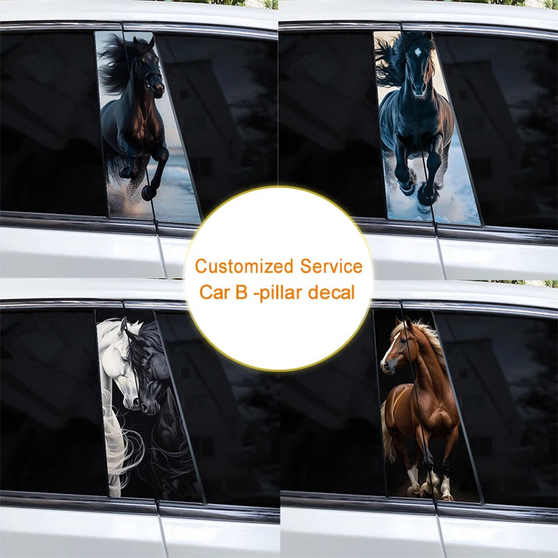 A set of two customized horse decals applied to the B-pillar of a white car window.