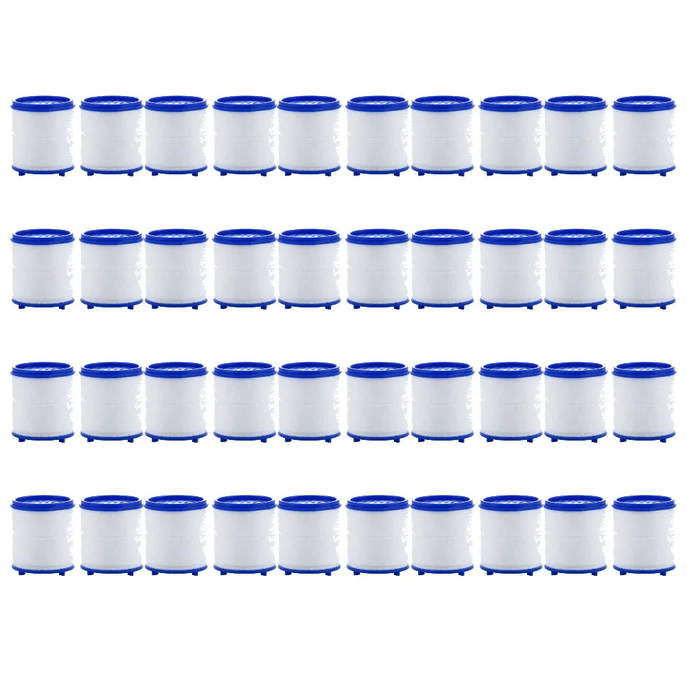 A set of 12 white rotating kitchen faucet water filters with blue splash guards arranged in a row.