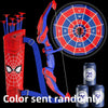 A red and blue kids bow and arrow set with suction cups shown against a black background.