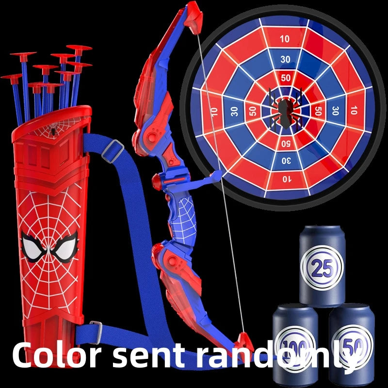 A red and blue kids bow and arrow set with suction cups shown against a black background.