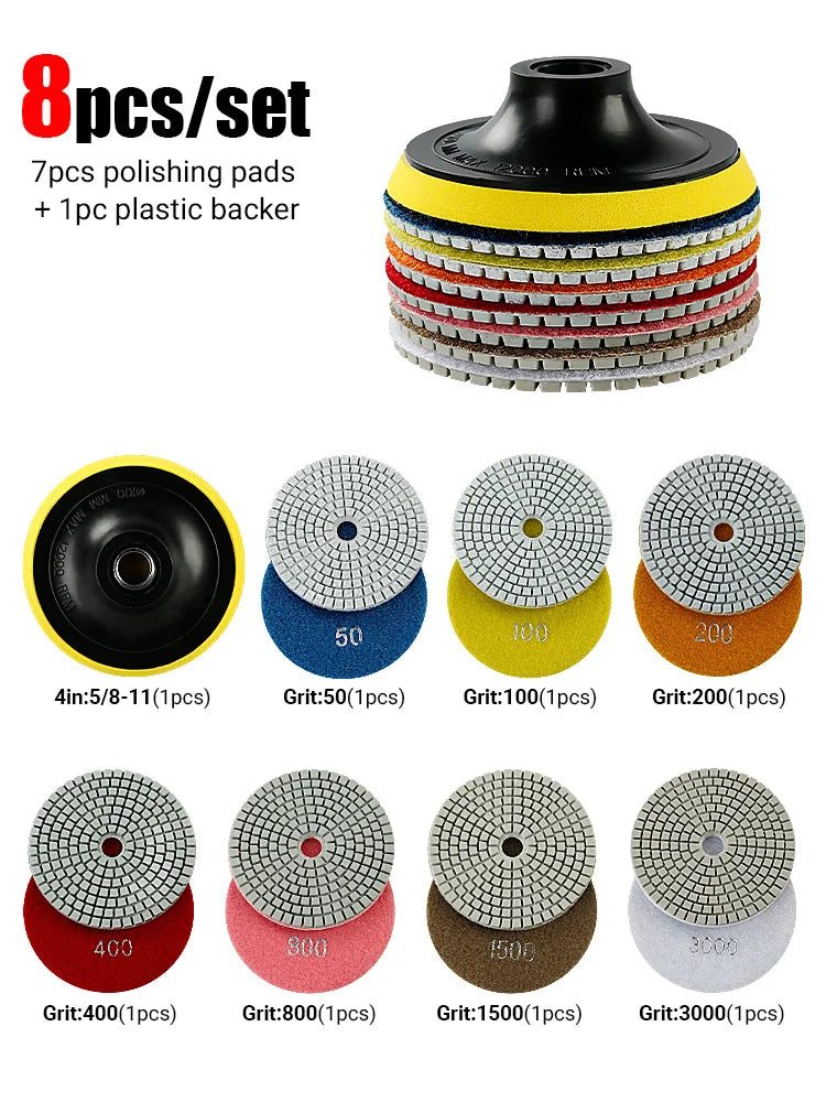 4-Inch Diamond Polishing Pads with Backer Pad (50-3000 Grit)