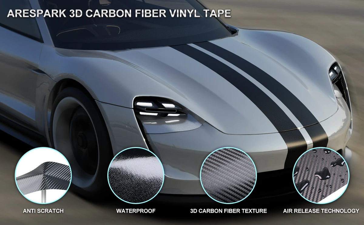 A closeup of a car featuring Arespark 3D carbon fiber vinyl tape with anti-scratch, waterproof, and air release technology.