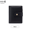 Black compact RFID-blocking bi-fold wallet with a leather flap and stitching.