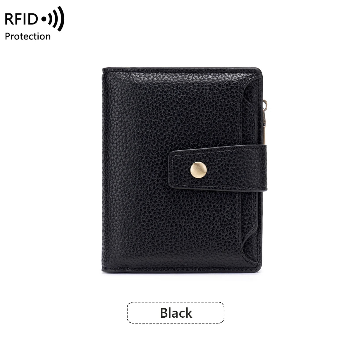 Black compact RFID-blocking bi-fold wallet with a leather flap and stitching.